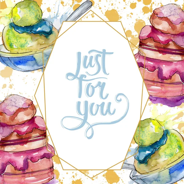 Tasty cake and bun sweet dessert. Watercolor background illustration set. Frame border ornament square. — Stock Photo, Image