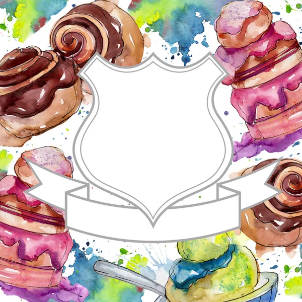 Tasty cake and bun sweet dessert. Watercolor background illustration set. Frame border ornament square. — Stock Photo, Image