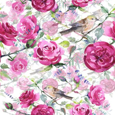 Kuş ile buket çiçek botanik çiçekler. Suluboya arka plan illüstrasyon seti. Kesintisiz arka plan deseni.