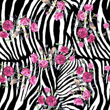 Kuş ile buket çiçek botanik çiçekler. Suluboya arka plan illüstrasyon seti. Kesintisiz arka plan deseni.