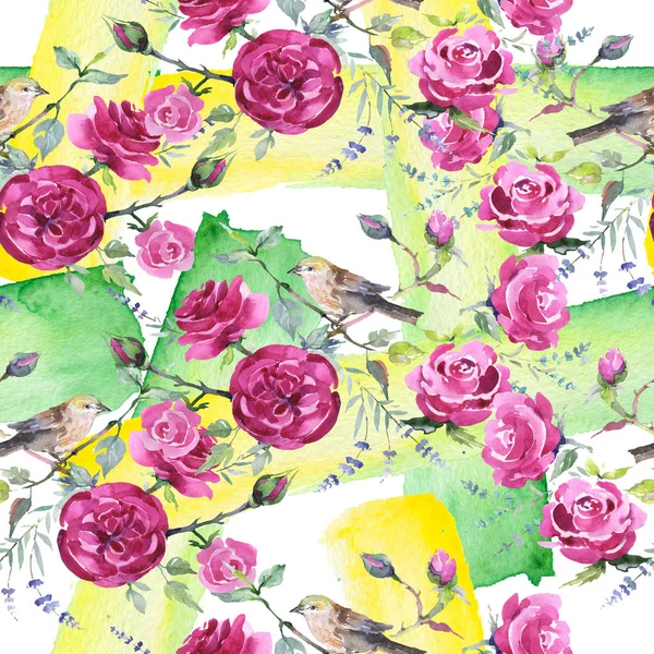 Buquê flores botânicas florais com pássaro. Conjunto de ilustração de fundo aquarela. Padrão de fundo sem costura . — Fotografia de Stock