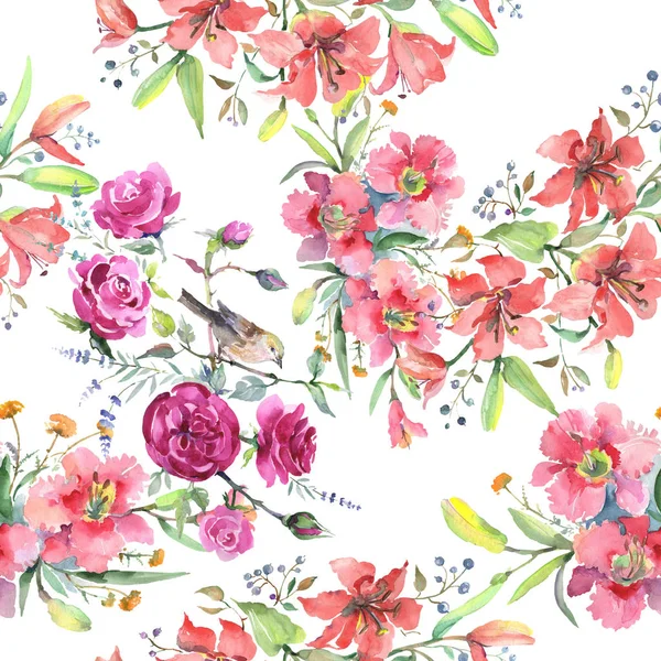 Ramo de flores botánicas florales con pájaro. Conjunto de ilustración de fondo acuarela. Patrón de fondo sin costuras . —  Fotos de Stock
