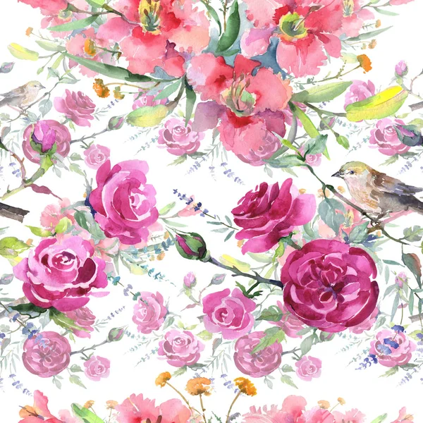 Blumenstrauß botanische Blumen mit Vogel. Aquarell Hintergrundillustration Set. nahtloses Hintergrundmuster. — Stockfoto