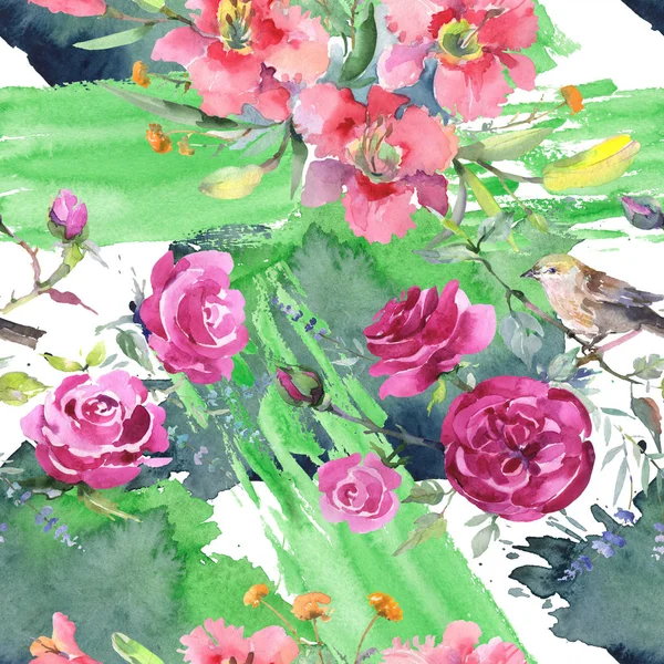 Blumenstrauß botanische Blumen mit Vogel. Aquarell Hintergrundillustration Set. nahtloses Hintergrundmuster. — Stockfoto