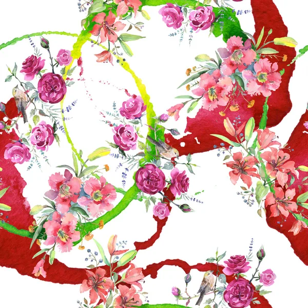 Μπουκέτο λουλουδιών λουλουδιών βοτανικό με πουλί. Σύνολο εικονογράφησης φόντου. Ομαλή μοτίβο φόντου. — Φωτογραφία Αρχείου