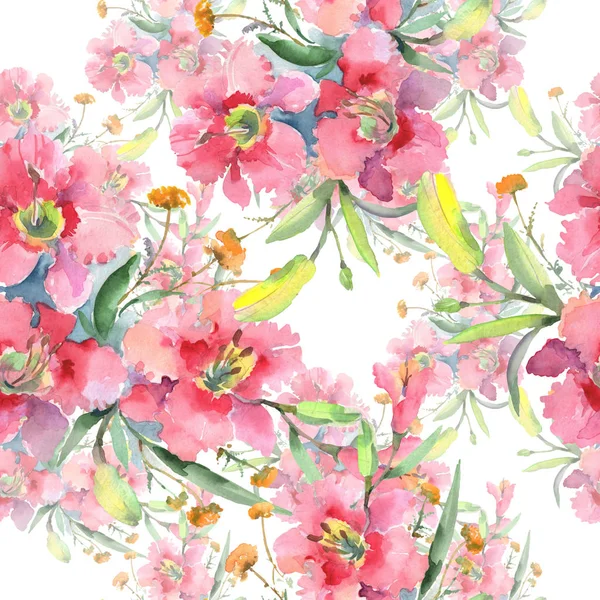 Bukett blommiga botaniska blommor med fågel. Akvarell bakgrund illustration uppsättning. Sömlöst bakgrundsmönster. — Stockfoto