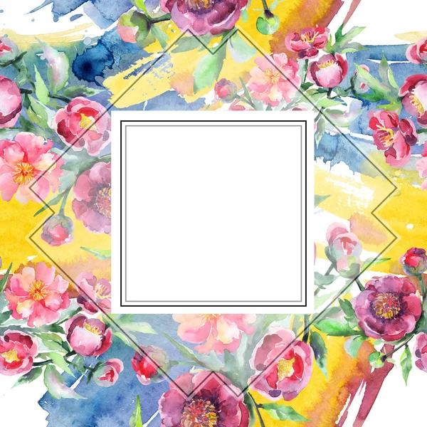 Peony buquê flores botânicas florais. Conjunto de ilustração de fundo aquarela. Quadro borda ornamento quadrado . — Fotografia de Stock