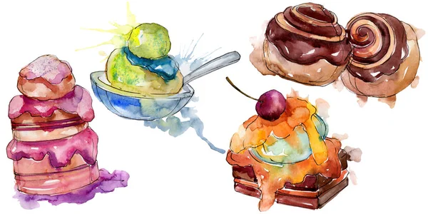 Tasty cake and bun sweet dessert. Watercolor background illustration set. Isolated desserts illustration element. — Stock Photo, Image
