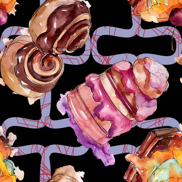 Tasty cake and bun sweet dessert. Watercolor background illustration set. Seamless background pattern. — Stock Photo, Image