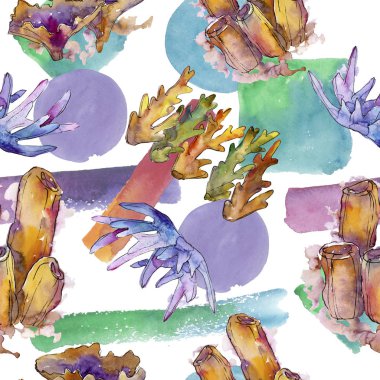 Renkli su sualtı doğa mercan resifi. Suluboya illüstrasyon seti. Suluboya çizim moda Aquarelle izole. Kesintisiz arka plan deseni. Kumaş duvar kağıdı baskı doku.