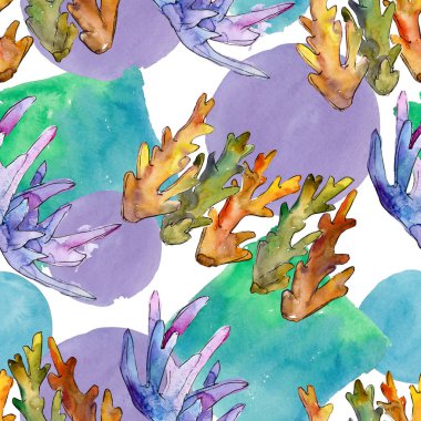 Renkli su sualtı doğa mercan resifi. Suluboya illüstrasyon seti. Suluboya çizim moda Aquarelle izole. Kesintisiz arka plan deseni. Kumaş duvar kağıdı baskı doku.