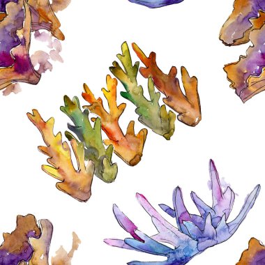 Renkli su sualtı doğa mercan resifi. Suluboya illüstrasyon seti. Suluboya çizim moda Aquarelle izole. Kesintisiz arka plan deseni. Kumaş duvar kağıdı baskı doku.