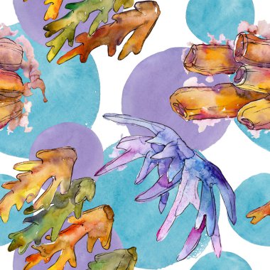 Renkli su sualtı doğa mercan resifi. Suluboya illüstrasyon seti. Suluboya çizim moda Aquarelle izole. Kesintisiz arka plan deseni. Kumaş duvar kağıdı baskı doku.