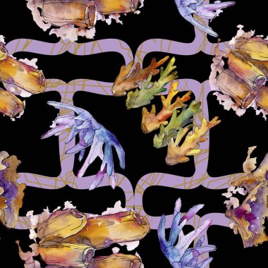 Renkli su sualtı doğa mercan resifi. Suluboya illüstrasyon seti. Suluboya çizim moda Aquarelle izole. Kesintisiz arka plan deseni. Kumaş duvar kağıdı baskı doku.