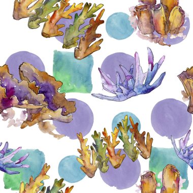 Renkli su sualtı doğa mercan resifi. Suluboya illüstrasyon seti. Suluboya çizim moda Aquarelle izole. Kesintisiz arka plan deseni. Kumaş duvar kağıdı baskı doku.
