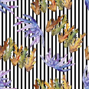 Renkli su sualtı doğa mercan resifi. Suluboya illüstrasyon seti. Suluboya çizim moda Aquarelle izole. Kesintisiz arka plan deseni. Kumaş duvar kağıdı baskı doku.