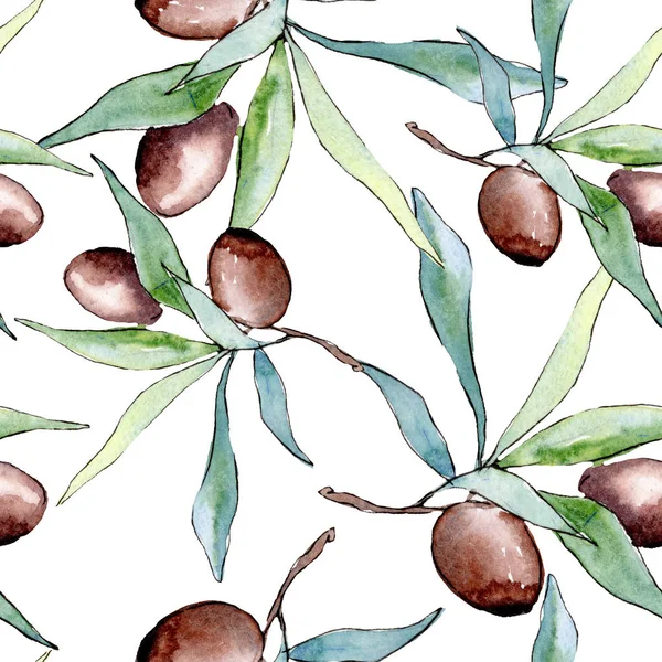 Olive branch with black fruit. Watercolor background illustration set. Watercolour drawing fashion aquarelle isolated. Seamless background pattern. Fabric wallpaper print texture.