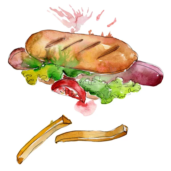 Hot Dog Fast Food Isoliert Aquarell Hintergrundillustration Set Aquarellzeichnung Modeaquarell — Stockfoto