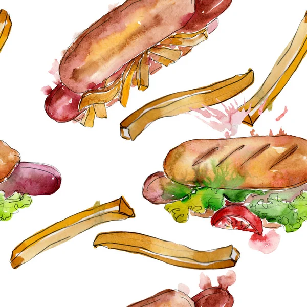 Hot dog fast food isolated. Watercolor background illustration set. Watercolour drawing fashion aquarelle isolated. Seamless background pattern. Fabric wallpaper print texture.