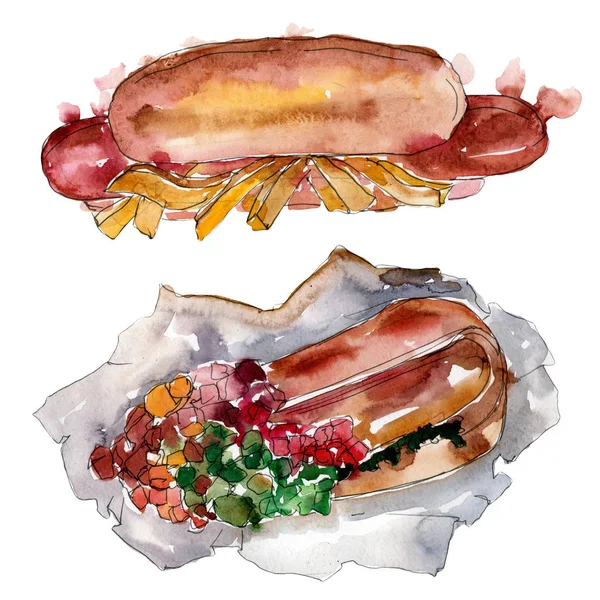Hot Dog Fast Food Isoliert Aquarell Hintergrundillustration Set Aquarellzeichnung Modeaquarell — Stockfoto