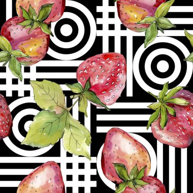 Çilek sağlıklı gıda taze meyve. Suluboya arka plan illüstrasyon seti. Suluboya çizim moda aquarelle izole. Kusursuz arka plan deseni. Kumaş duvar kağıdı baskı doku.