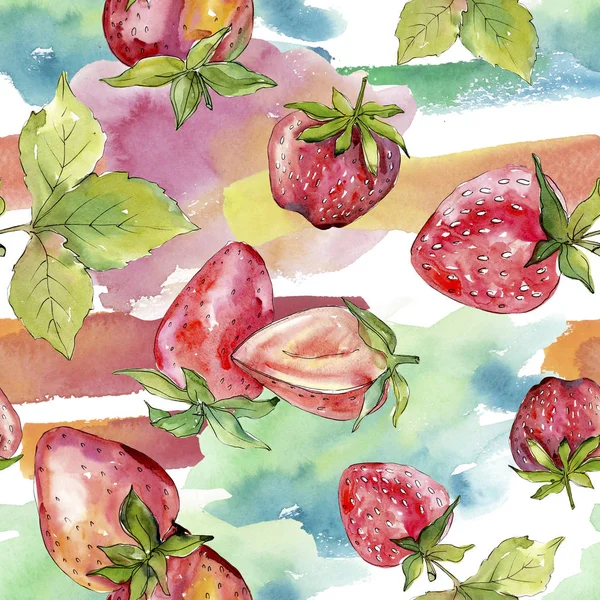 草莓健康食品新鲜浆果 水彩背景插图集 水彩画时尚水瓶座孤立 无缝的背景模式 织物壁纸打印纹理 — 图库照片