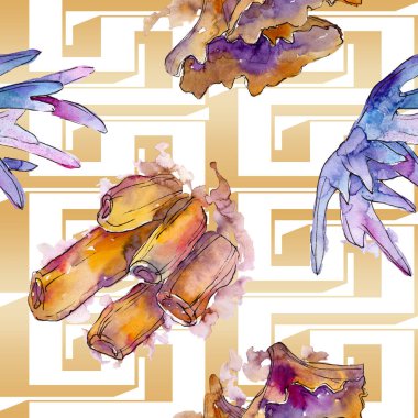 Renkli su sualtı doğa mercan resifi. Suluboya illüstrasyon seti. Suluboya çizim moda Aquarelle izole. Kesintisiz arka plan deseni. Kumaş duvar kağıdı baskı doku.