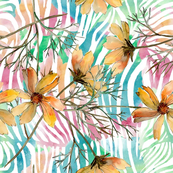 Cosmos flower floral botanical flowers. Wild spring leaf wildflower. Watercolor illustration set. Watercolour drawing fashion aquarelle. Seamless background pattern. Fabric wallpaper print texture.