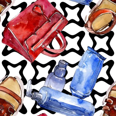 Moda kroki glamour çizimde bir suluboya stil aquarelle öğesi. Giyim Aksesuarları moda kıyafet ayarlayın. Suluboya sorunsuz arka plan deseni ayarlayın. Kumaş duvar kağıdı yazdırma doku.