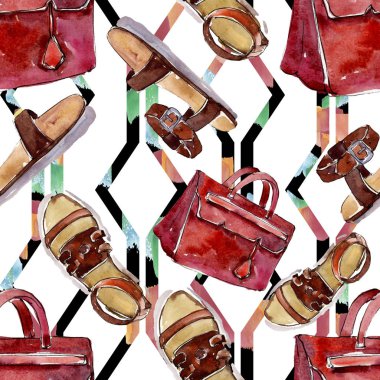 Moda kroki glamour çizimde bir suluboya stil aquarelle öğesi. Giyim Aksesuarları moda kıyafet ayarlayın. Suluboya sorunsuz arka plan deseni ayarlayın. Kumaş duvar kağıdı yazdırma doku.