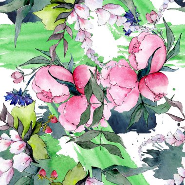 Buket çiçek botanik çiçekler. Suluboya arka plan illüstrasyon küme. Sorunsuz arka plan deseni.