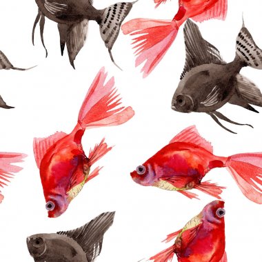 Goldfish sualtı renkli tropikal balık seti. Suluboya illüstrasyon seti. Kesintisiz arka plan deseni.