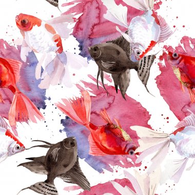 Goldfish sualtı renkli tropikal balık seti. Suluboya illüstrasyon seti. Kesintisiz arka plan deseni.