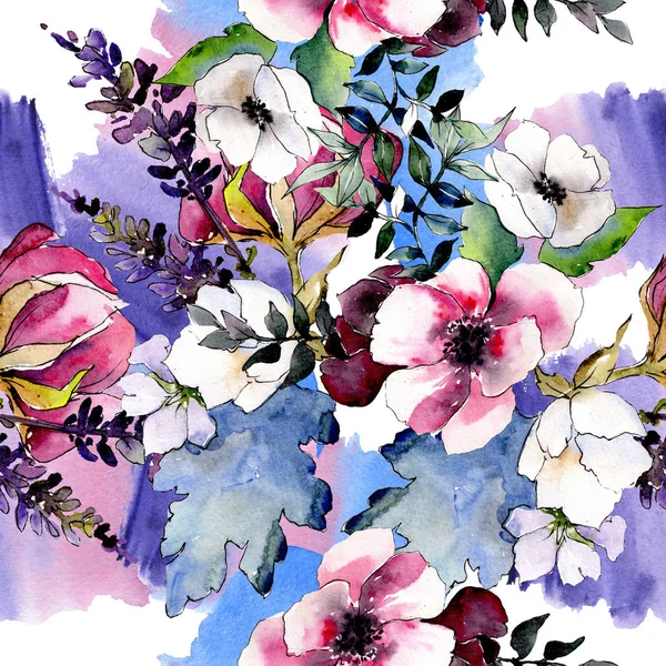 Μπουκέτο λουλουδιών βοτανικό λουλούδια. Ακουαρέλα φόντο εικόνα σύνολο. Απρόσκοπτη υπόβαθρο μοτίβο. — Φωτογραφία Αρχείου