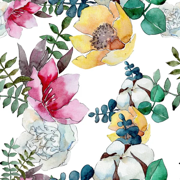 Bouquet floral botanical flowers. Watercolor background illustration set. Seamless background pattern. — Stock Photo, Image