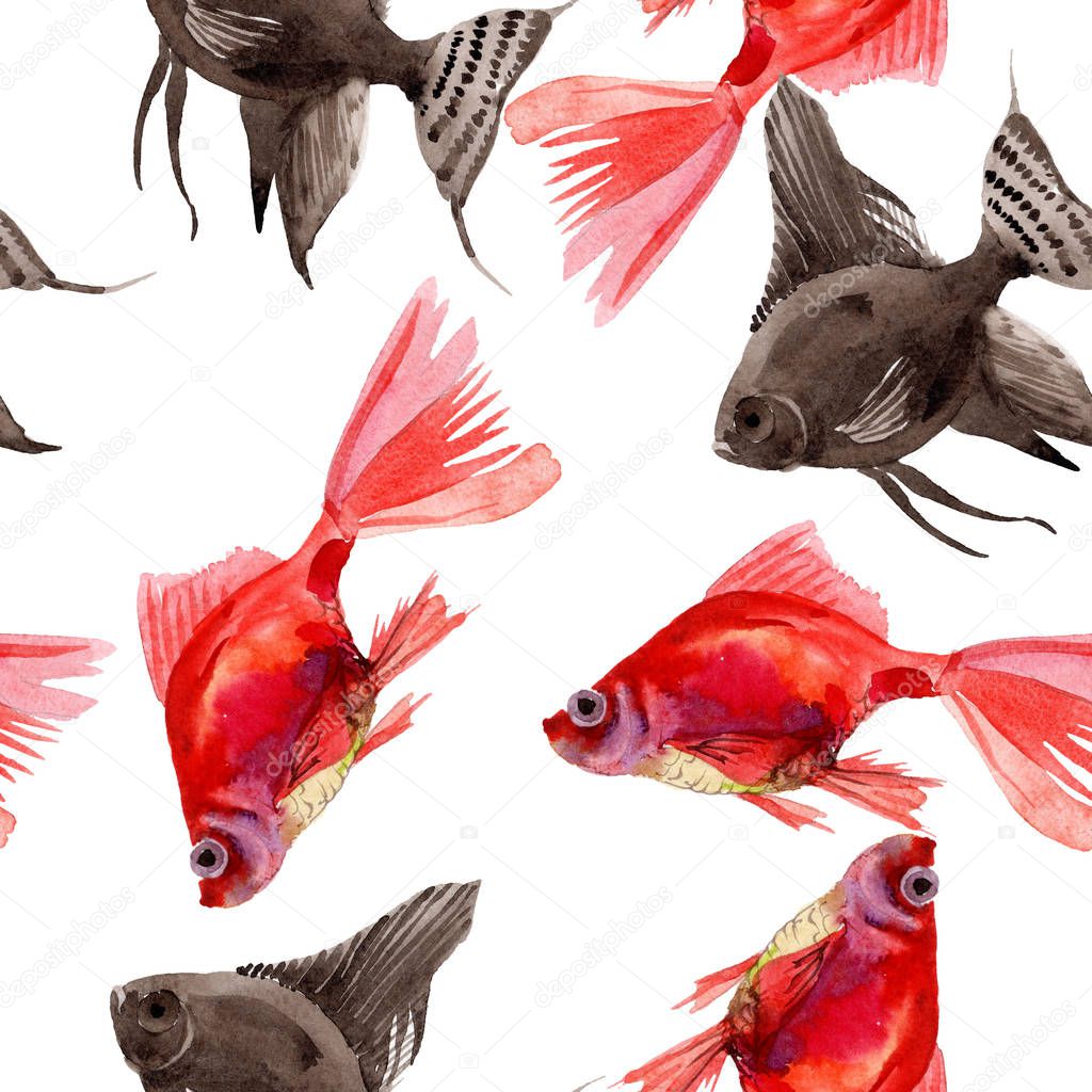 Goldfish aquatic underwater colorful tropical fish set. Watercolor illustration set. Seamless background pattern.