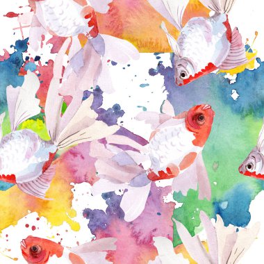 Goldfish sualtı renkli tropikal balık seti. Suluboya illüstrasyon seti. Kesintisiz arka plan deseni.