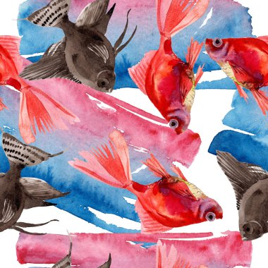 Goldfish sualtı renkli tropikal balık seti. Suluboya illüstrasyon seti. Kesintisiz arka plan deseni.