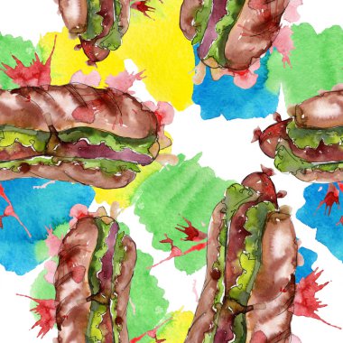 Sosisli fast food izole. Suluboya arka plan illüstrasyon seti. Kesintisiz arka plan deseni.