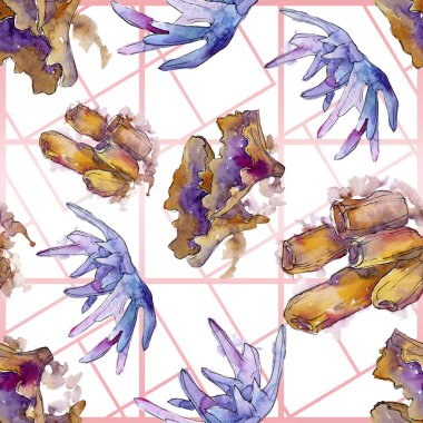 Renkli su sualtı doğa mercan resifi. Suluboya illüstrasyon seti. Kesintisiz arka plan deseni.