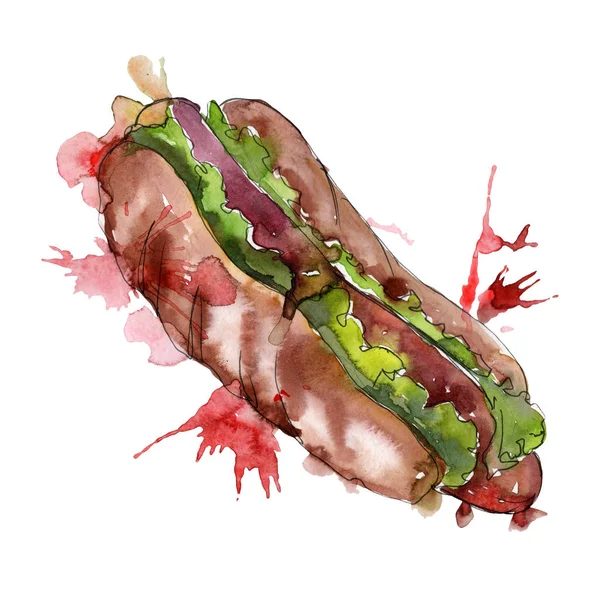 Hot dog fast food isolado. Conjunto de ilustração de fundo aquarela. Isolado lanche ilustração elemento . — Fotografia de Stock