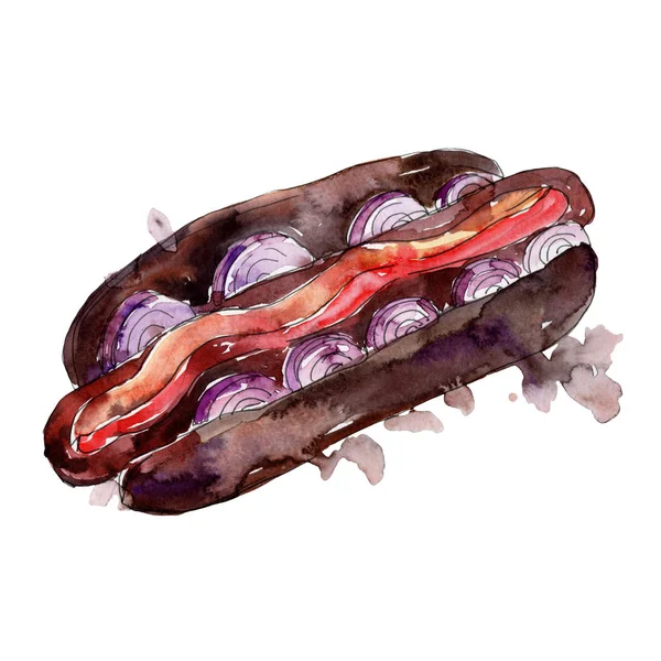 Hot dog fast food isolated. Watercolor background illustration set. Isolated snack illustration element. — Stock Photo, Image