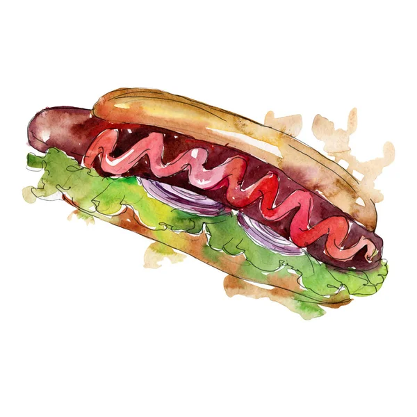 Comida rápida para perros calientes aislada. Conjunto de ilustración de fondo acuarela. Elemento de ilustración de snack aislado . —  Fotos de Stock