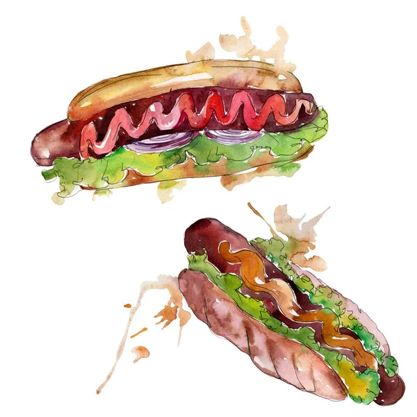 Hot Dog Fast Food isoliert. Aquarell Hintergrundillustration Set. Isolierte Snack Illustration Element. — Stockfoto