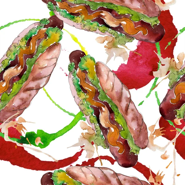 Hot Dog Fast food na białym tle. Akwarela zestaw ilustracji tła. Płynny wzór tła. — Zdjęcie stockowe