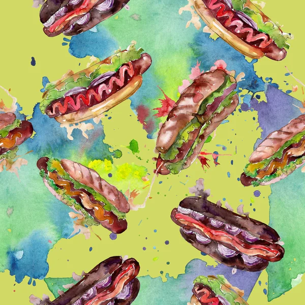 Hot dog fast food isolated. Watercolor background illustration set. Seamless background pattern.