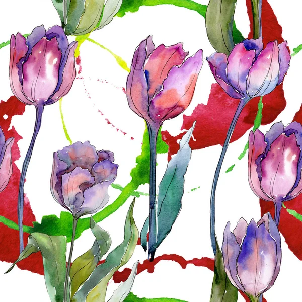 Purple tulip floral botanical flowers. Watercolor background illustration set. Seamless background pattern. — Stock Photo, Image