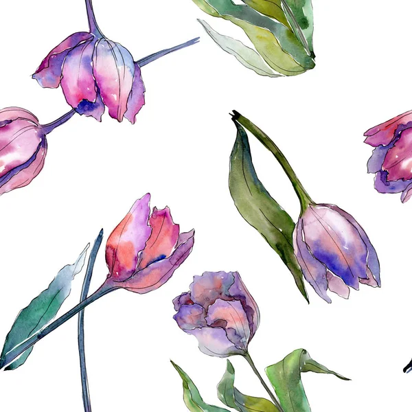Purple tulip floral botanical flowers. Watercolor background illustration set. Seamless background pattern.