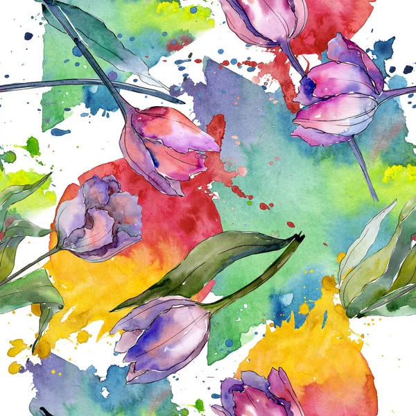 紫色のチューリップの花の植物の花。●水彩背景イラストセット。シームレスな背景パターン. — ストック写真