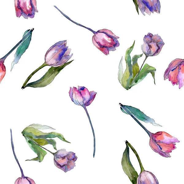 Purple tulip floral botanical flowers. Watercolor background illustration set. Seamless background pattern. — Stock Photo, Image